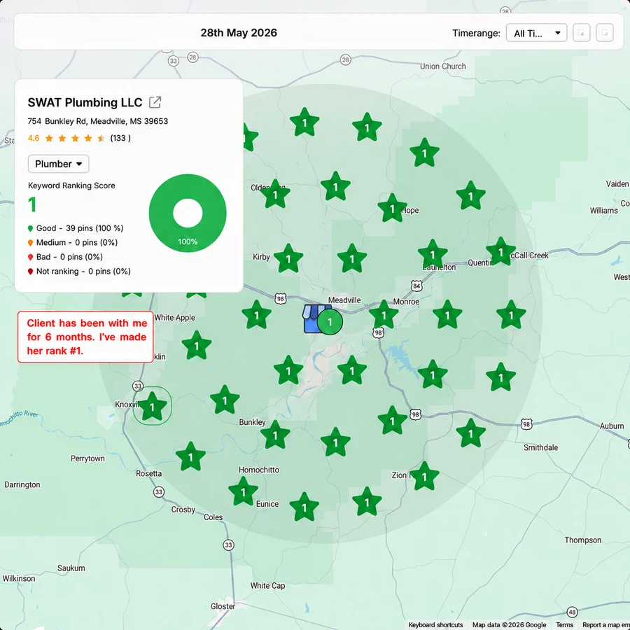 SWAT Plumbing geo grid scan showing number-one rankings at all 39 measured points around Meadville, Mississippi